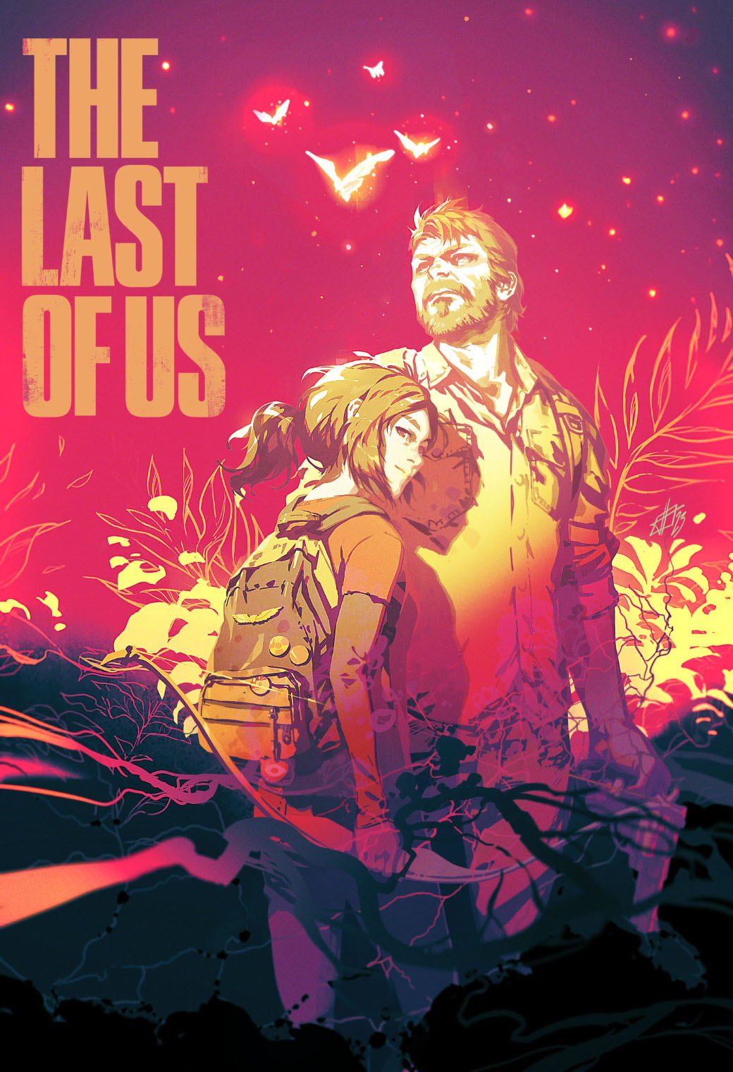 1boy 1girl backpack bag bear bow_(weapon) collared_shirt cowboy_shot ellie_(the_last_of_us) english_commentary facial_hair fireflies gun handgun highres holding holding_bow_(weapon) holding_gun holding_weapon joel_(the_last_of_us) long_hair long_sleeves mature_male parted_bangs ponytail shirt shirt_under_shirt short_hair short_sleeves sleeves_rolled_up the_last_of_us_(series) toni_infante weapon