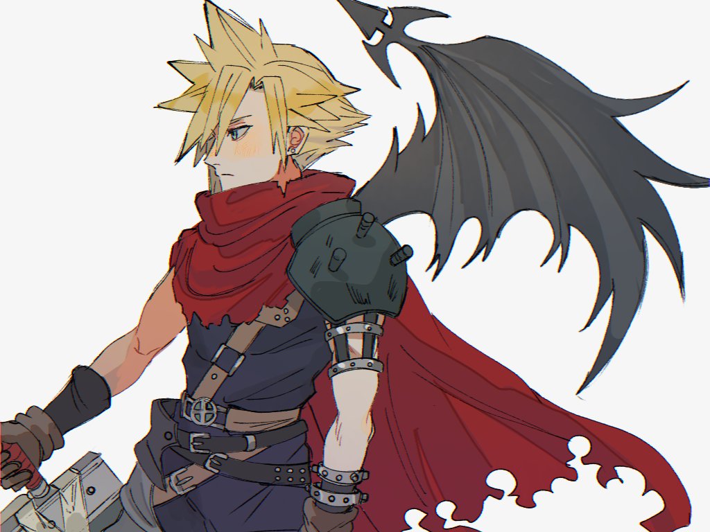 1boy armor belt black_wings blonde_hair blue_eyes blue_pants blue_shirt brown_gloves buster_sword cloak cloud_strife cowboy_shot demon_wings facing_to_the_side final_fantasy final_fantasy_vii gloves hair_between_eyes holding holding_sword holding_weapon kingdom_hearts male_focus mtr_dayoo multiple_belts official_alternate_costume pants red_cloak shirt short_hair shoulder_armor single_shoulder_pad single_wing sleeveless sleeveless_shirt solo sword torn_clothes weapon white_background wings