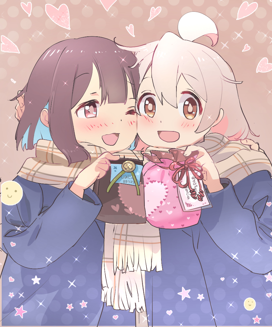 2girls :d ;d ahoge bag blue_coat blue_hair blunt_bangs blunt_ends blush brown_background brown_eyes brown_hair cheek-to-cheek coat colored_inner_hair commentary dot_nose enpera grey_hair hair_between_eyes hand_on_another's_head hand_on_another's_shoulder heads_together heart heart_print holding holding_bag hozuki_momiji kyarahiba long_hair looking_at_viewer multicolored_hair multiple_girls one_eye_closed onii-chan_wa_oshimai! oyama_mahiro pink_hair plaid plaid_scarf scarf shared_clothes shared_scarf short_hair simple_background smile sparkle star_(symbol) textless_version translated two-tone_hair yuri