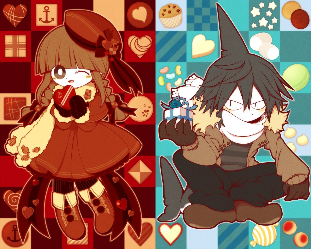 1boy 1girl anchor_symbol back_bow beans black_eyes black_gloves black_pants blue_hair blunt_bangs boots bow box box_of_chocolates braid bright_pupils brown_coat brown_footwear brown_hair candy capelet checkerboard_cookie coat colored_skin cookie dress fins fish_tail food funamusea funamusea_(artist) fur-trimmed_coat fur_trim gift gift_box gloves grey_shirt hair_ribbon hat heart heart-shaped_box holding holding_box holding_gift long_hair macaron muffin official_art oounabara_to_wadanohara outline pants patterned_background pleated_dress red_bow red_capelet red_dress red_footwear red_headwear red_ribbon red_thighhighs ribbon samekichi_(wadanohara) scarf shark_fin shark_tail shirt short_hair sidelocks striped_clothes striped_shirt striped_thighhighs tail thigh-highs twin_braids valentine vertical-striped_clothes vertical-striped_thighhighs wadanohara white_outline white_pupils white_scarf white_skin