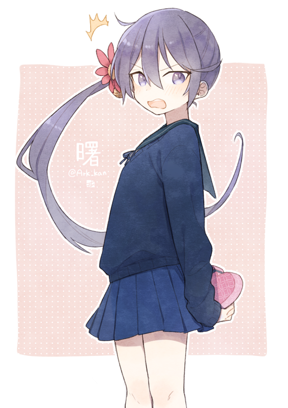 1girl akebono_(kancolle) ark_kan arms_behind_back bell blue_sailor_collar blue_skirt blush box character_name flower gift gift_box hair_bell hair_flower hair_ornament heart-shaped_box holding holding_gift kantai_collection long_hair open_mouth pleated_skirt purple_hair red_flower sailor_collar side_ponytail simple_background skirt solo twitter_username valentine very_long_hair violet_eyes