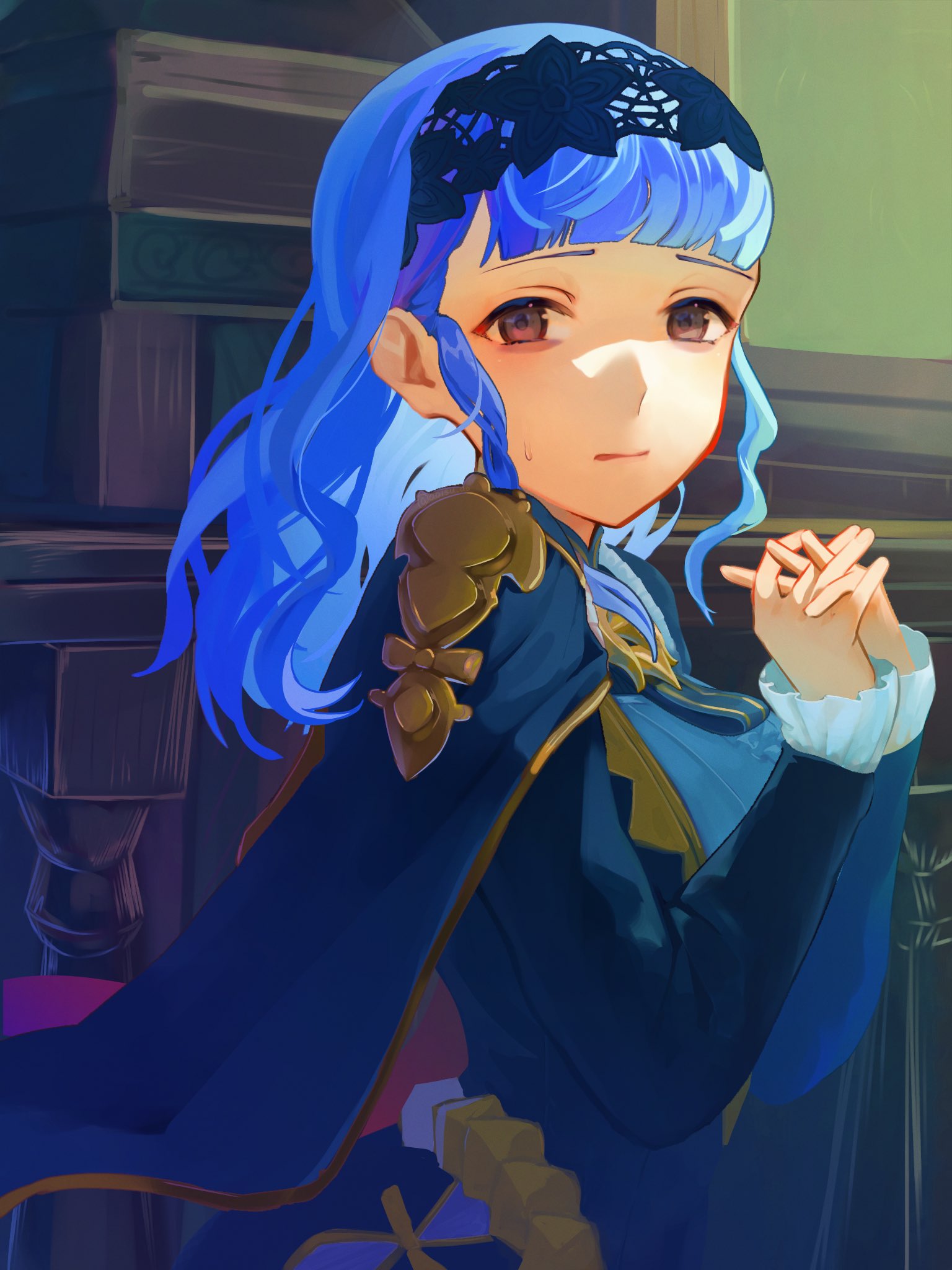 1girl aoisu_ao blue_capelet blue_hair brown_eyes capelet closed_mouth commentary_request fire_emblem fire_emblem:_three_houses fire_emblem_warriors:_three_hopes gold_trim highres indoors long_hair looking_at_viewer marianne_von_edmund official_alternate_costume official_alternate_hairstyle own_hands_together solo upper_body window