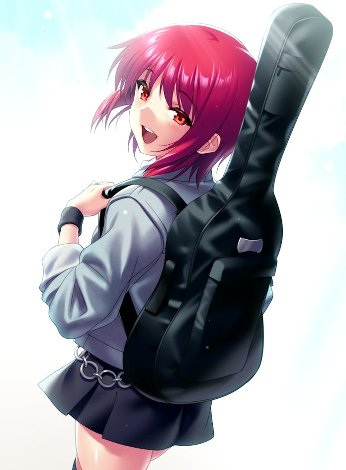 1girl :d alternate_costume angel_beats! black_skirt black_wrist_cuffs blush casual chain commentary_request commission cowboy_shot floating_hair from_behind grey_jacket guitar_case hair_between_eyes hand_up happy instrument_case iwasawa_masami jacket looking_at_viewer looking_back medium_hair miniskirt open_mouth pleated_skirt red_eyes redhead round_teeth simple_background skeb_commission skirt smile solo teeth tsurime upper_teeth_only white_background wrist_cuffs zen_(kamuro)