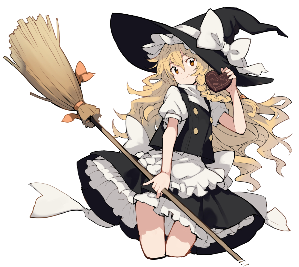 1girl apron asakura_maru black_headwear black_vest blonde_hair bow braid broom brown_eyes candy chocolate cropped_legs food frilled_apron frills hair_between_eyes hat hat_bow heart heart-shaped_chocolate holding holding_broom holding_chocolate holding_food kirisame_marisa long_hair looking_at_viewer shirt short_sleeves smile solo touhou vest waist_apron white_apron white_bow white_shirt witch_hat