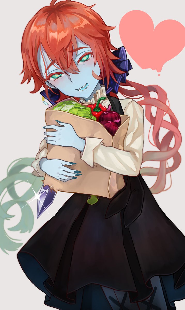 1girl alternate_costume alternate_hairstyle bag black_dress blue_eyes blue_skin blue_tongue blush brown_hair cabbage colored_skin colored_tongue dress fate/grand_order fate_(series) fingernails food grocery_bag hair_between_eyes hair_ribbon heart highres holding holding_bag long_fingernails long_hair long_sleeves looking_at_viewer nail_polish open_mouth ribbon shimogamo_(shimomo_12) shopping_bag simple_background smile solo teeth tomato van_gogh_(fate) van_gogh_(second_ascension)_(fate) vegetable weapon white_background