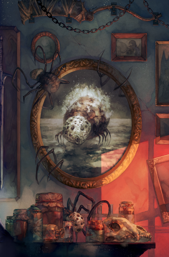 animal_focus animal_skull bloodborne bottle bug chain character_request commentary_request desk indoors jar no_humans ocean painting_(object) solo spider yoshioka_(haco)