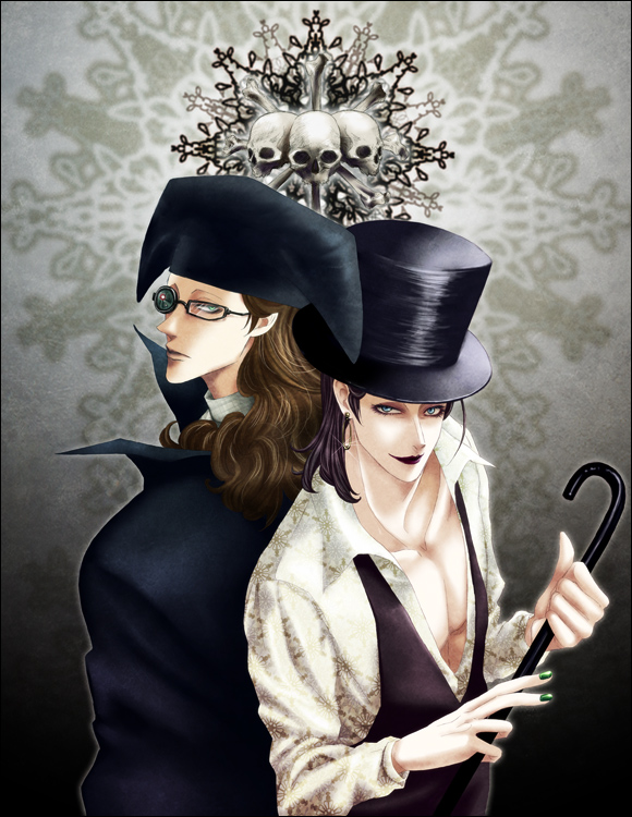 2boys black_hair black_headwear brown_hair cane closed_mouth commentary_request earrings glasses green_nails hat holding holding_cane hoop_earrings jewelry k_snailssss lafitte lipstick long_hair looking_at_viewer makeup male_focus multiple_boys nail_polish one_piece smile top_hat van_augur