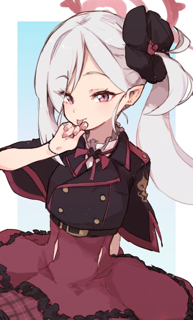 1girl black_scrunchie black_shirt blue_archive blush closed_mouth grey_hair hair_ornament hair_scrunchie halo jamir long_hair looking_at_viewer mutsuki_(blue_archive) pink_eyes pointy_ears red_halo red_skirt scrunchie shirt short_sleeves side_ponytail skirt smile solo tongue tongue_out