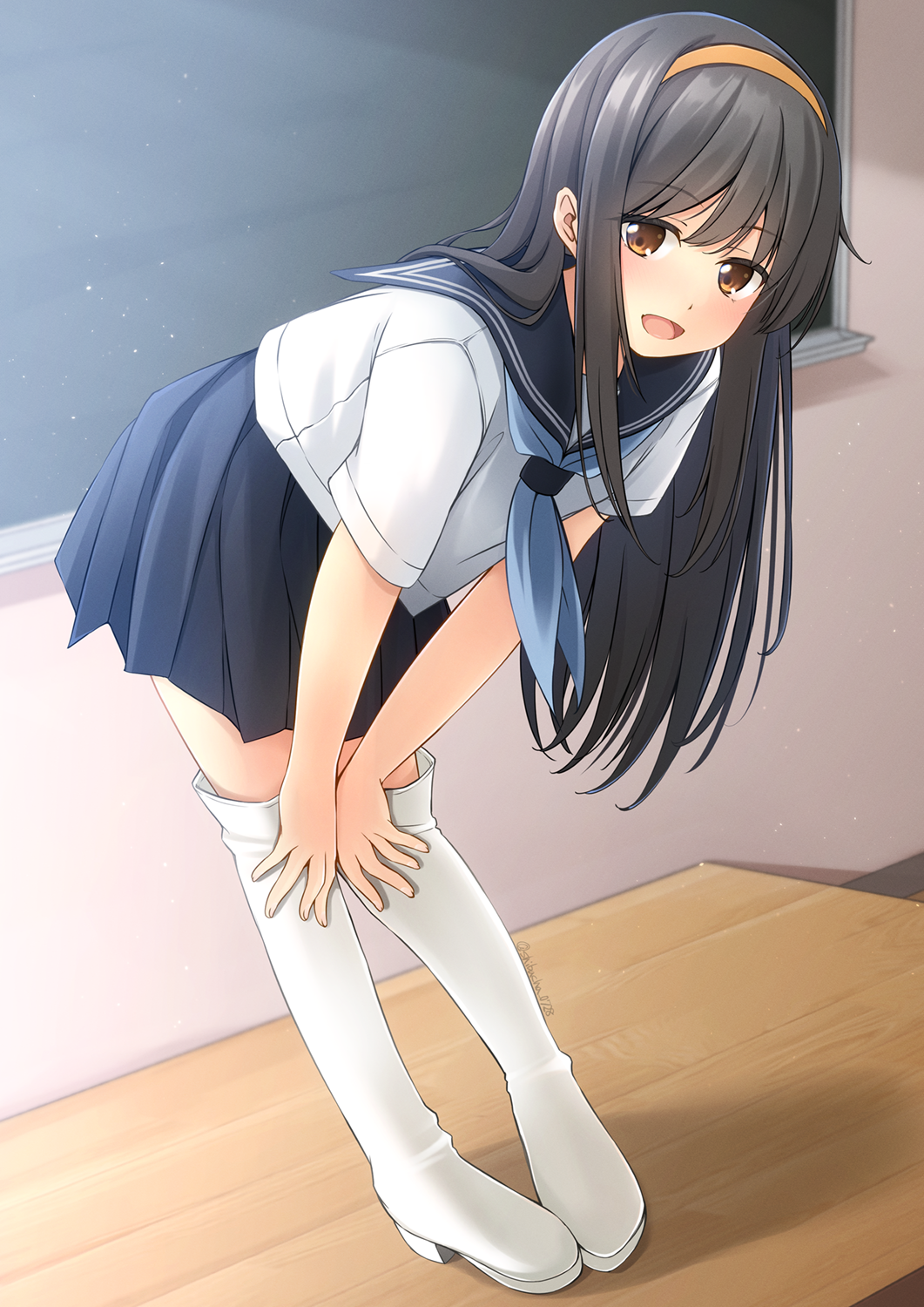 1girl :d black_hair black_sailor_collar black_skirt blue_neckerchief boots brown_eyes commentary_request commission full_body hairband hands_on_own_knees highres indoors leaning_forward long_hair looking_at_viewer neckerchief original pixiv_commission pleated_skirt sailor_collar school_uniform serafuku shibacha shirt short_sleeves skirt smile solo standing thigh_boots twitter_username very_long_hair white_footwear white_shirt yellow_hairband