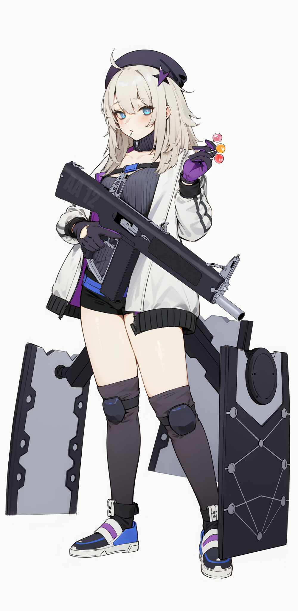 1girl aa-12 aa-12_(girls'_frontline) ahoge ai-assisted beanie black_gloves black_headwear black_shorts black_socks blue_eyes candy food food_in_mouth full_body girls_frontline gloves grey_hair gun hair_ornament hat highres holding holding_candy holding_food holding_gun holding_lollipop holding_weapon jacket knee_pads lollipop medium_hair open_clothes open_jacket over-kneehighs purple_gloves shield shield_module shoes short_shorts shorts shotgun socks solo star_(symbol) star_hair_ornament thigh-highs trigger_discipline turtleneck two-tone_gloves weapon white_background white_jacket zenge_hd