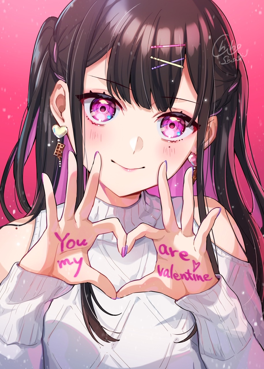 1girl bare_shoulders black_hair blush bow breasts colored_inner_hair earrings hair_ornament hairclip heart heart_earrings heart_hands highres jewelry long_hair looking_at_viewer mole mole_under_eye multicolored_hair open_mouth original pink_background pink_eyes pink_hair shinishi_chiho simple_background smile solo twintails valentine