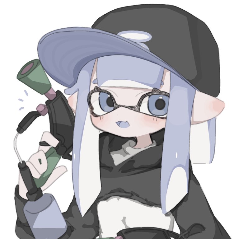 1girl baseball_cap black_headwear blue_eyes blue_hair eyelashes fang gun hat holding holding_gun holding_weapon inkling_girl inkling_player_character long_hair looking_at_viewer pointy_ears ryme_spla simple_background skin_fang smile solo splat_dualies_(splatoon) splatoon_(series) splatoon_3 tentacle_hair upper_body weapon white_background