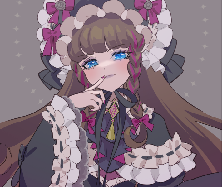 1girl ascot black_ascot black_capelet black_ribbon blue_eyes bonnet bow braid brown_hair capelet closed_mouth finger_to_mouth frilled_capelet frilled_sleeves frills grey_background hand_up kurosu_aroma lolita_fashion long_hair long_sleeves looking_at_viewer nanceee_305 pretty_series pripara purple_bow ribbon simple_background smile solo twin_braids upper_body wide_sleeves