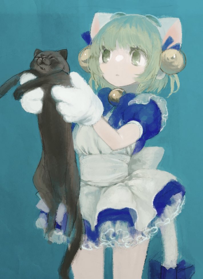 1girl animal animal_hands animal_hat anry_(rmrnmrm) apron bell blue_background blue_dress cat cat_hat cat_tail commentary_request cowboy_shot dejiko di_gi_charat dress expressionless gloves green_eyes green_hair hair_bell hair_ornament hands_up hat holding holding_animal holding_cat looking_at_animal maid_apron paw_gloves puffy_short_sleeves puffy_sleeves short_dress short_hair short_sleeves simple_background solo standing tail white_apron white_gloves