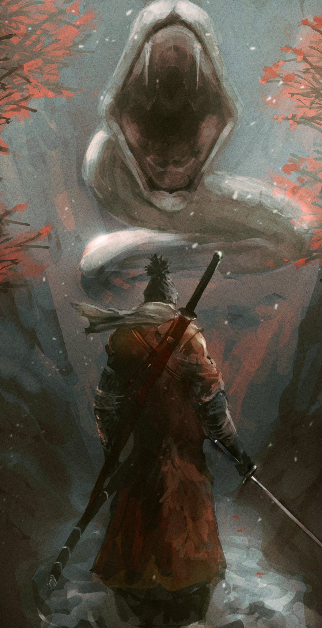 1boy animal black_hair branch coat commentary fangs feet_out_of_frame graffitigw great_serpent_(sekiro) highres holding holding_sword holding_weapon katana mechanical_arms open_mouth orange_coat oversized_animal prosthesis prosthetic_arm sekiro sekiro:_shadows_die_twice single_mechanical_arm snake snowing standing sword sword_on_back tree weapon weapon_on_back