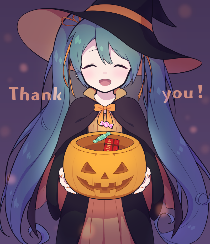1girl alternate_costume aqua_hair bow bowtie candy capelet closed_eyes food gloves halloween halloween_bucket hat hatsune_miku long_hair looking_at_viewer masoogenki orange_bow orange_bowtie solo twintails vocaloid witch witch_hat