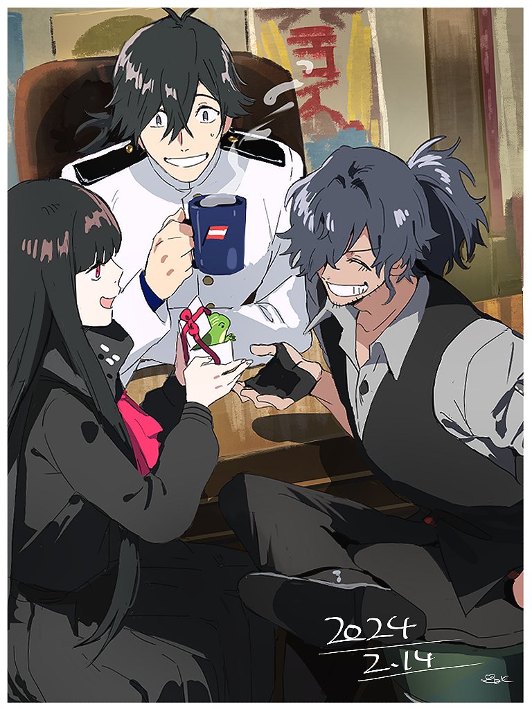 1girl 2boys black_hair black_scarf blunt_bangs closed_eyes cup cutout_gloves dated facial_hair fate/grand_order fate_(series) frog grey_eyes grey_shirt grin hair_over_one_eye holding holding_cup koha-ace long_hair low_ponytail mug multiple_boys okada_izou_(fate) okada_izou_(i'm_one_dapping_fella)_(fate) open_collar oryou_(fate) pirohi_(pirohi214) ponytail red_eyes sakamoto_ryouma_(fate) scarf shirt sitting sleeves_rolled_up smile steam stubble suit vest white_suit