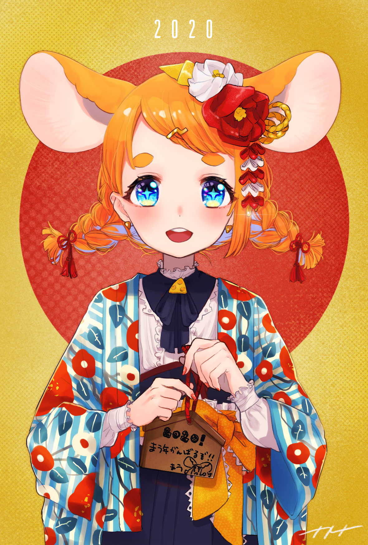 +_+ 1girl 2020 animal_ears blue_eyes blush braid brooch earrings ema hair_ornament hairclip haori highres holding indie_virtual_youtuber japanese_clothes jewelry kanzashi long_sleeves looking_at_viewer mouse_ears mouse_girl nail_polish naname_(7name) neck_ribbon new_year open_mouth original ribbon smile solo thick_eyebrows translation_request twin_braids virtual_youtuber yellow_background