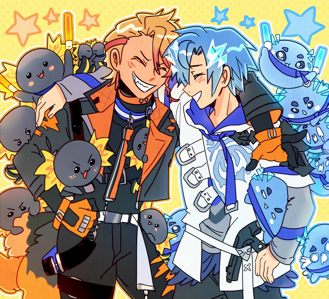 2boys altventurer_(regis_altare) arms_on_another's_shoulder axel_syrios axelotl_(axel_syrios) axolotl black_gloves blonde_hair blue_collar blue_hair braid closed_eyes collar curtained_hair english_commentary facing_another gloves grin happy holostars holostars_english hood hoodie layered_sleeves long_sleeves male_focus ministarfruit multicolored_hair multiple_boys orange_collar orange_gloves outline redhead regis_altare short_hair short_over_long_sleeves short_sleeves side_braid slime_(creature) smile streaked_hair teeth upper_body virtual_youtuber white_hoodie white_outline yellow_background