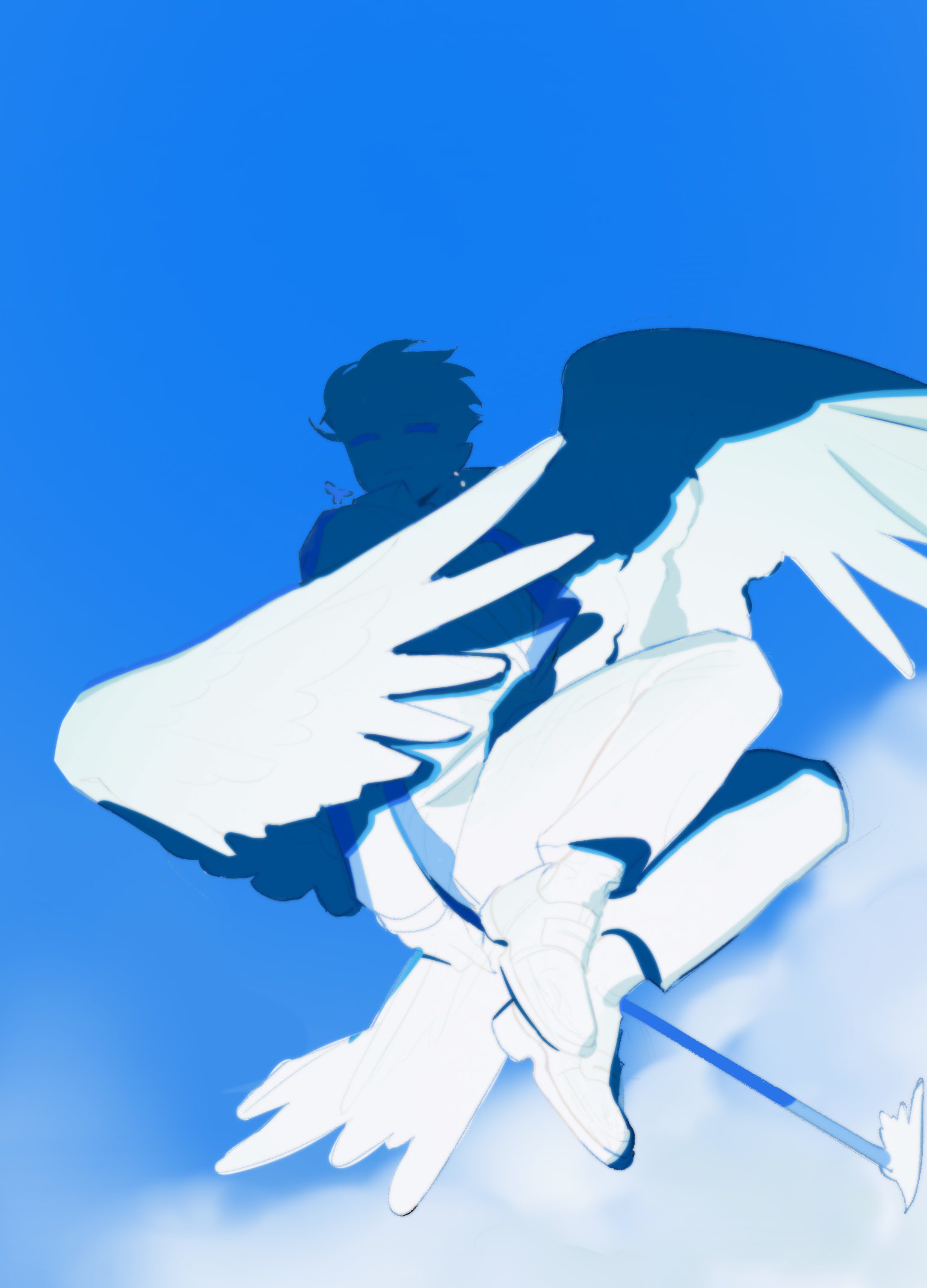1boy bird_boy bird_tail bird_wings blank_eyes blue_background blue_eyes blue_footwear blue_hair blue_jacket blue_necktie blue_pants blue_sky blue_theme blue_wings claws closed_mouth clouds collared_shirt feathered_wings flying full_body highres holding holding_staff jacket korean_commentary long_sleeves looking_at_viewer male_focus necktie original pants pointy_ears sasi_mozzi1 shadow shirt short_hair sky solo staff tail wings