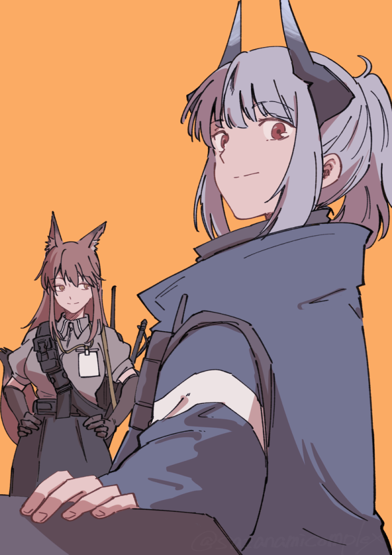 2girls animal_ears arknights black_gloves black_horns black_skirt brown_eyes brown_hair closed_mouth coat collared_shirt commentary_request dragon_girl dragon_horns elbow_gloves fingernails fox_ears fox_girl franka_(arknights) gloves grey_coat grey_hair grey_horns grey_shirt hands_on_own_hips haruichi_(sazanami_complex) high_collar horns light_smile liskarm_(arknights) long_hair long_sleeves looking_at_viewer looking_to_the_side medium_hair multiple_girls orange_background ponytail puffy_short_sleeves puffy_sleeves shirt short_sleeves sideways_glance simple_background skirt split_mouth turning_head