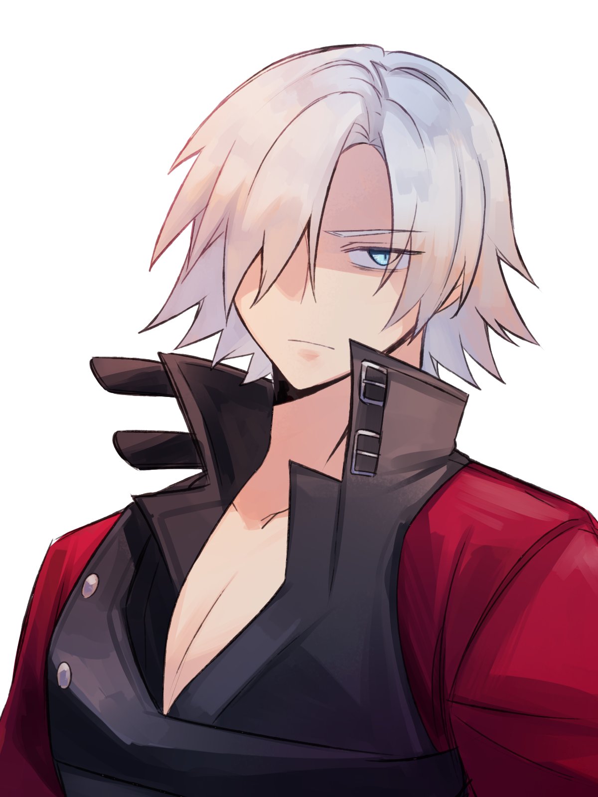 1boy blue_eyes closed_mouth dante_(devil_may_cry) detre6969 devil_may_cry_(series) devil_may_cry_2 hair_over_one_eye highres looking_at_viewer male_focus simple_background solo white_hair