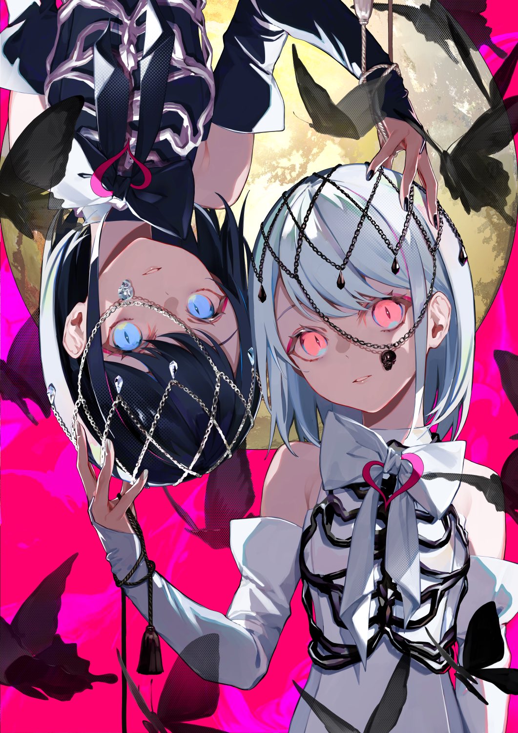 2girls bare_shoulders black_bow black_dress black_hair black_nails blue_eyes bow commentary_request dress full_moon grey_hair grey_nails hand_on_another's_head highres lam_(ramdayo) looking_at_viewer moon multiple_girls nail_polish original parted_lips red_eyes ribs rotational_symmetry skull white_bow white_dress