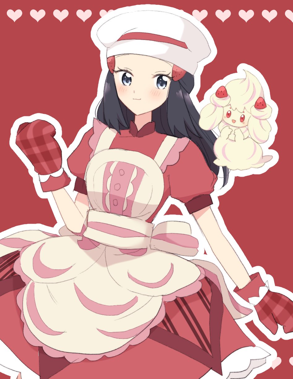1girl alcremie apron black_hair blush buttons chef_hat closed_mouth commentary_request dawn_(palentine's_2021)_(pokemon) dress eyelashes grey_eyes hair_ornament hairclip hand_up hat heart highres hikari_(pokemon) long_hair mittens official_alternate_costume ohn_pkmn outline pokemon pokemon_(creature) pokemon_masters_ex red_background red_dress red_mittens short_sleeves sidelocks smile white_headwear