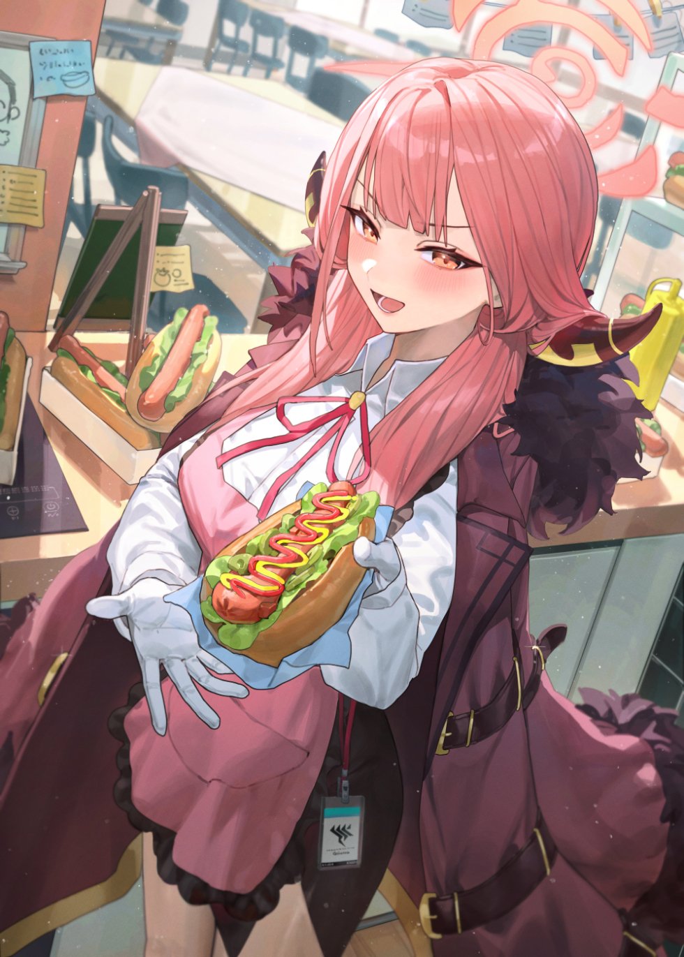 1girl apron aru_(blue_archive) blue_archive blunt_bangs breasts brown_horns canteen coat coat_on_shoulders collared_shirt commentary demon_horns food_on_hand food_stand fur-trimmed_coat fur_trim giving_food gloves hair_over_shoulder halo high-waist_skirt highres horns hot_dog ketchup lanyard large_breasts lettuce long_hair long_sleeves looking_at_viewer lower_teeth_only mr.lime mustard neck_ribbon open_mouth pencil_skirt pink_apron pink_hair pink_halo ribbon shirt shirt_tucked_in skirt solo sticky_note teeth white_gloves white_shirt
