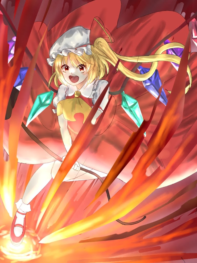 1girl ascot blonde_hair crystal_wings dress fire flandre_scarlet full_body happy hat hat_ribbon laevatein_(touhou) mary_janes medium_hair mira_(user51587789) mob_cap open_mouth red_dress red_eyes red_ribbon ribbon shoes side_ponytail solo touhou yellow_ascot