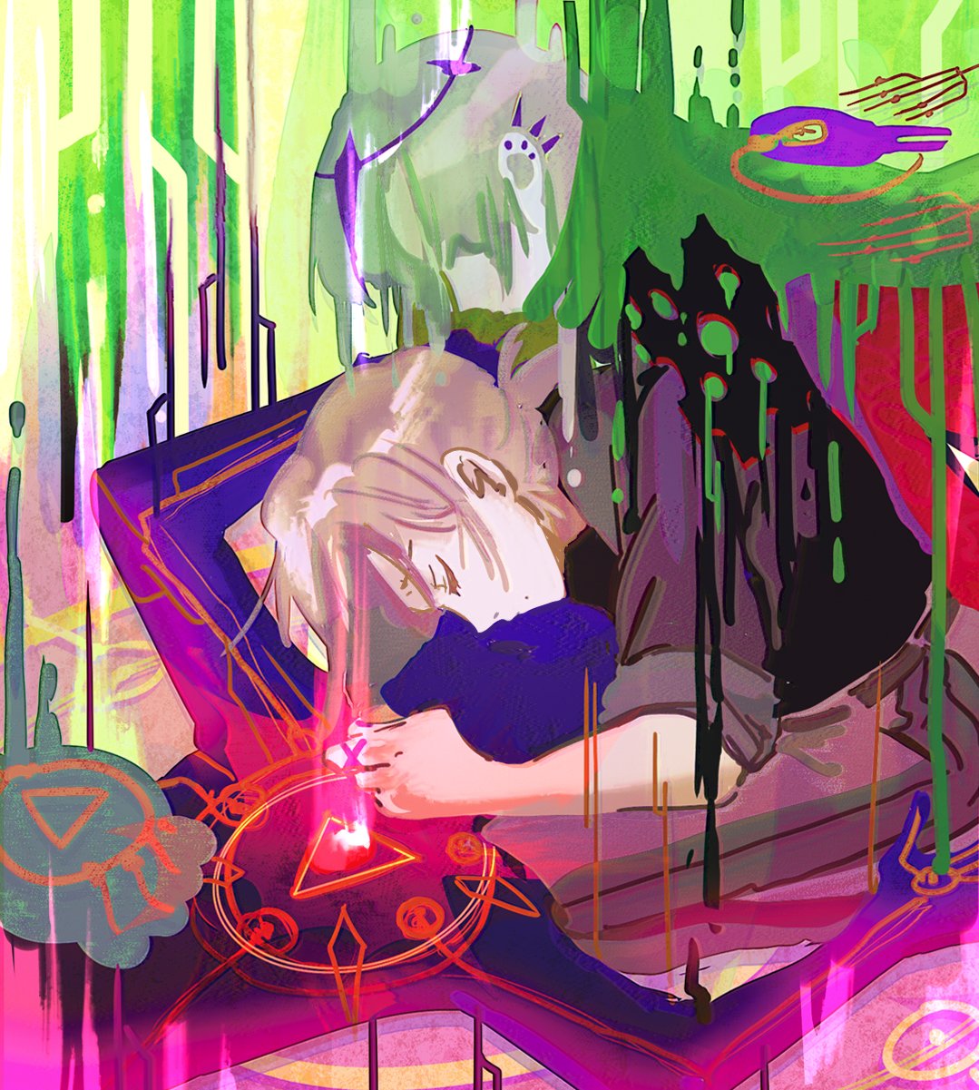 1other 2boys alchemy blonde_hair clone closed_eyes dripping english_commentary faceless_other halo highres holostars holostars_english leaning_forward looking_at_another magmite_(magni_dezmond) magni_dezmond male_focus melting ministarfruit multiple_boys profile short_hair sitting sleeping spiked_ear_piercing virtual_youtuber