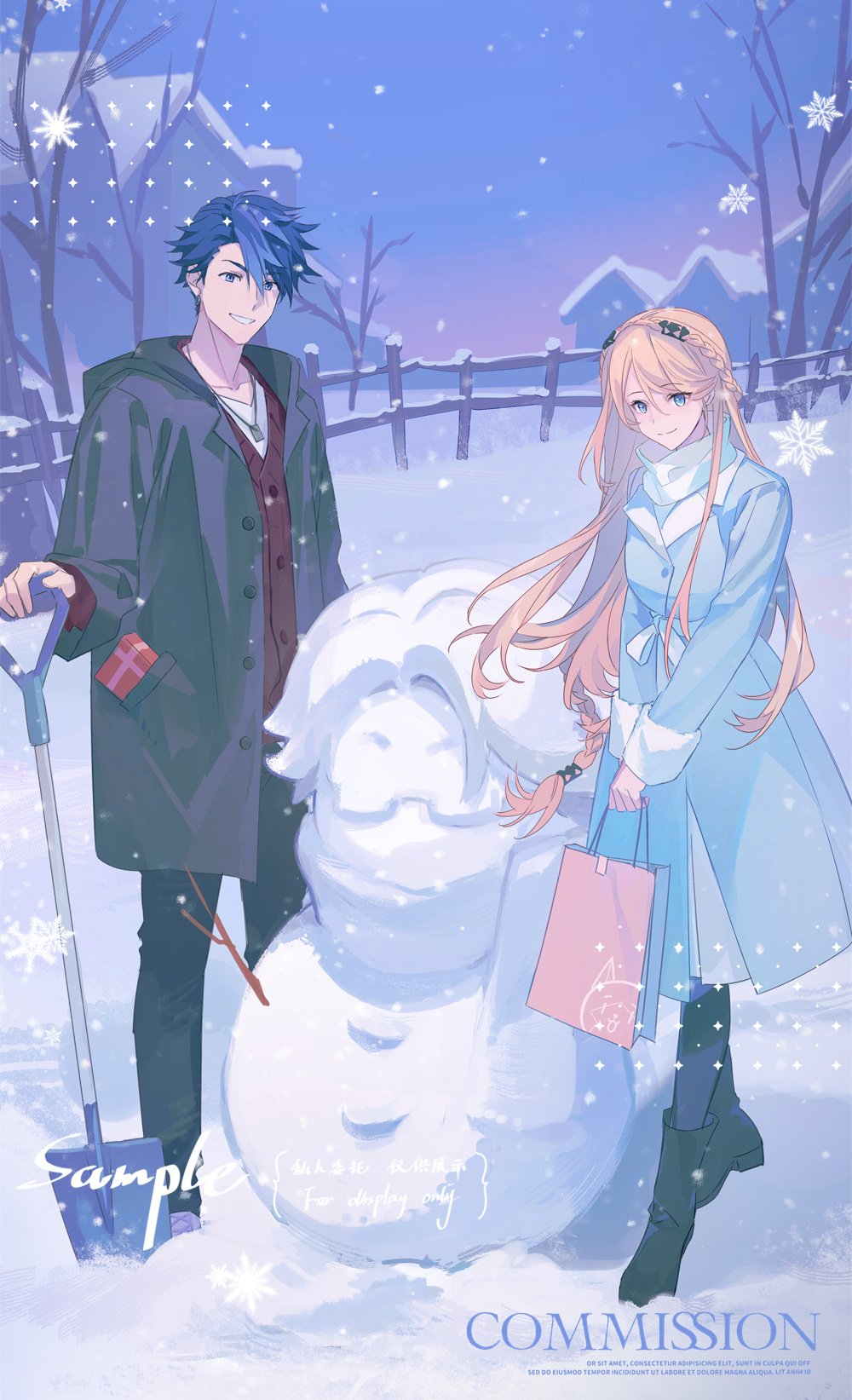 bag bare_tree black_coat black_footwear blonde_hair blue_coat blue_eyes blue_hair blue_sky boots braid buttons closed_mouth coat commentary_request commission crown_braid eiyuu_densetsu elaine_auclair fence full_body harukaka030 highres holding holding_bag holding_shovel jewelry kuro_no_kiseki long_hair looking_at_viewer necklace open_clothes open_coat outdoors pink_bag sample_watermark short_hair shovel sky smile snow snow_shovel snowflakes snowing snowman standing teeth tree van_arkride watermark