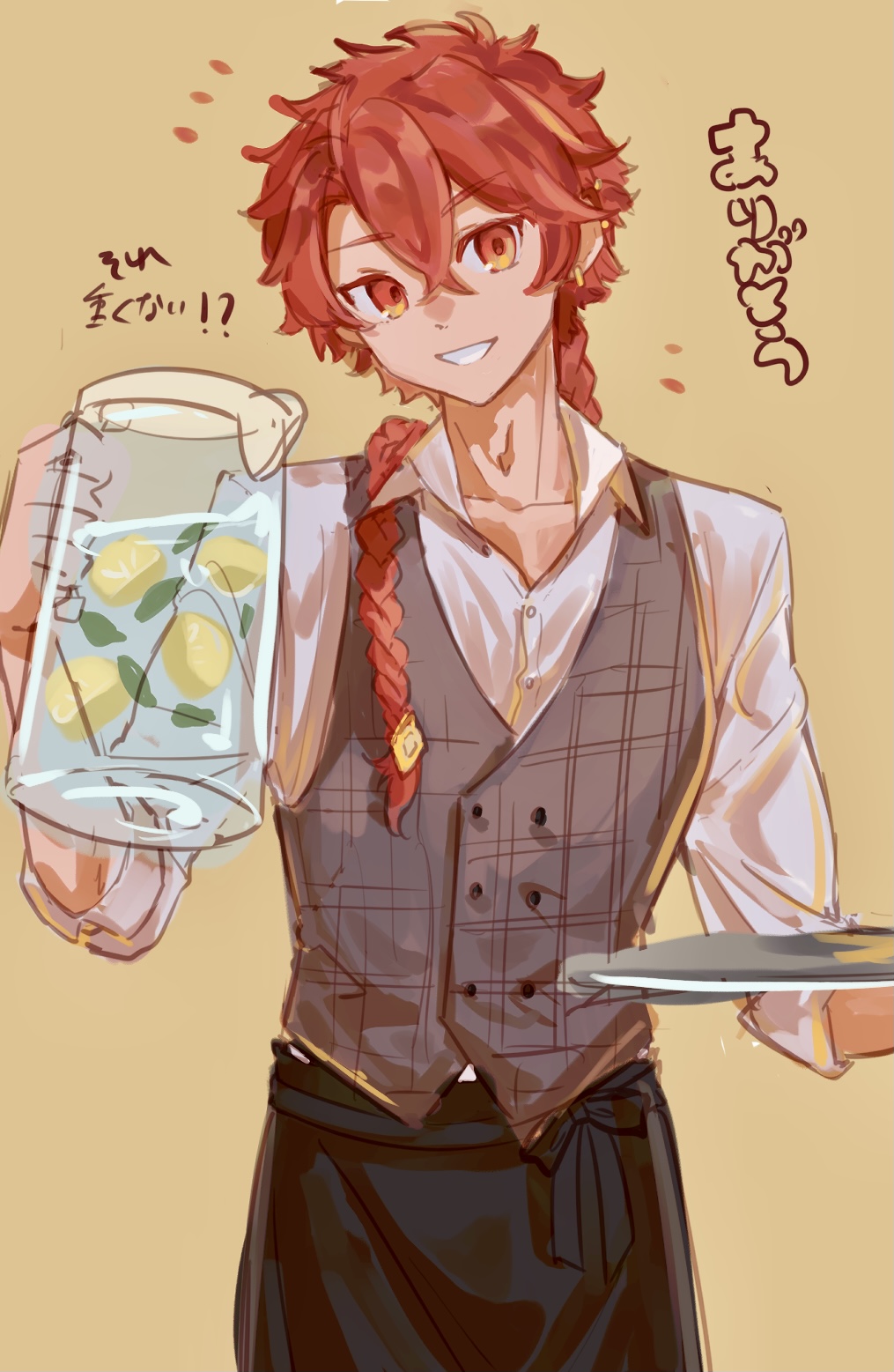 1boy alexander_(fate) apron black_apron brown_background buttons collarbone fate/grand_order fate_(series) food fruit grey_vest grin hair_between_eyes highres holding holding_pitcher holding_plate lemon lemon_slice looking_at_viewer male_focus orange_eyes plate redhead shirt simple_background smile solo tokoni_fusu translation_request vest waist_apron water white_shirt