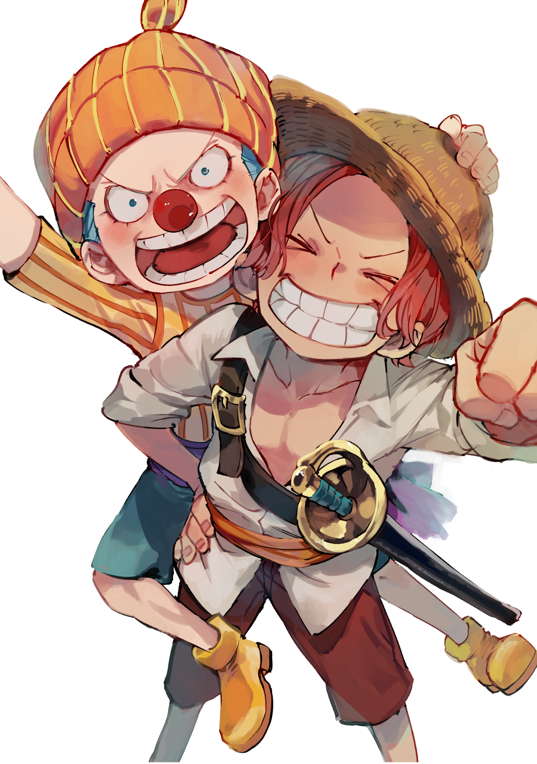 2boys aged_down angry arm_up beanie blue_eyes blue_hair blue_shorts blush buggy_the_clown clenched_hand closed_eyes clown clown_nose grin hand_on_another's_head hand_on_headwear hand_on_own_hip hat highres looking_at_viewer male_focus mochika multiple_boys one_piece open_clothes open_mouth open_shirt orange_headwear raised_fist red_nose red_shorts redhead scabbard shanks_(one_piece) sheath sheathed shirt short_hair shorts sleeves_rolled_up smile straw_hat striped_clothes striped_shirt sword teeth weapon white_shirt yellow_footwear