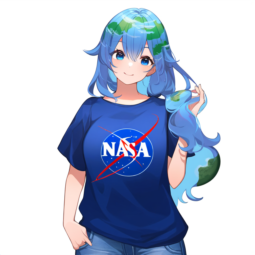 adult ai-generated ai-generated_art_(topic) blue_eyes blue_hair casual denim earth-chan jeans mature_female non-web_source pants shirt t-shirt