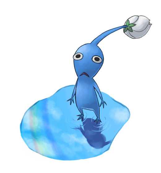 black_eyes blue_pikmin blue_skin blue_sky bud clouds colored_skin commentary_request looking_at_viewer naru_(wish_field) no_humans pikmin_(creature) pikmin_(series) puddle rainbow reflection reflective_water ripples simple_background sky solo triangle_mouth white_background
