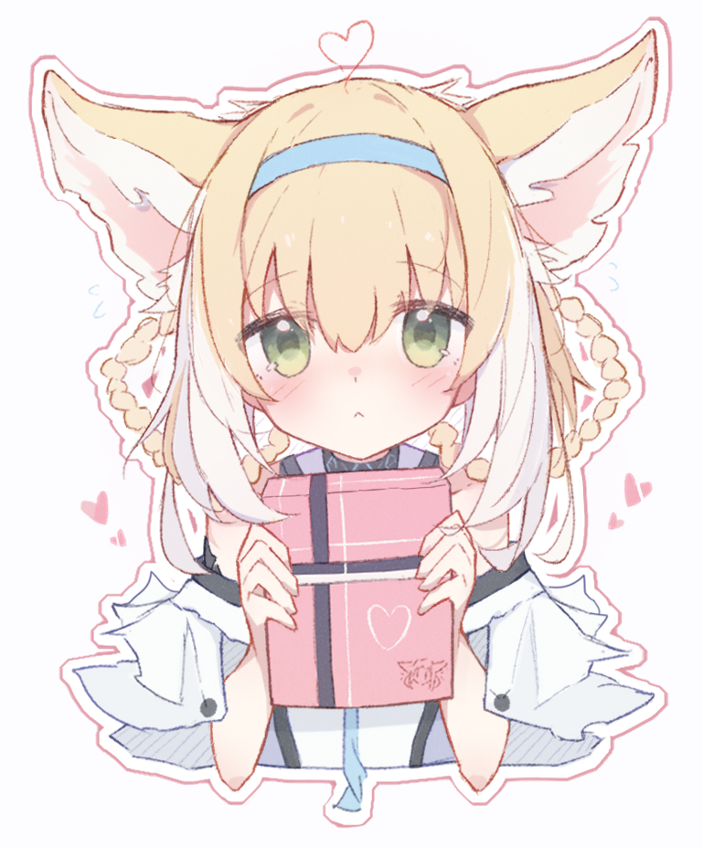 :&lt; animal_ears arknights bare_shoulders blonde_hair blue_hair blush box box_of_chocolates braid braided_hair_rings closed_mouth commentary cropped_torso fox_ears fox_girl green_eyes hair_rings heart holding nalphanne simple_background straight-on suzuran_(arknights) twin_braids valentine white_background