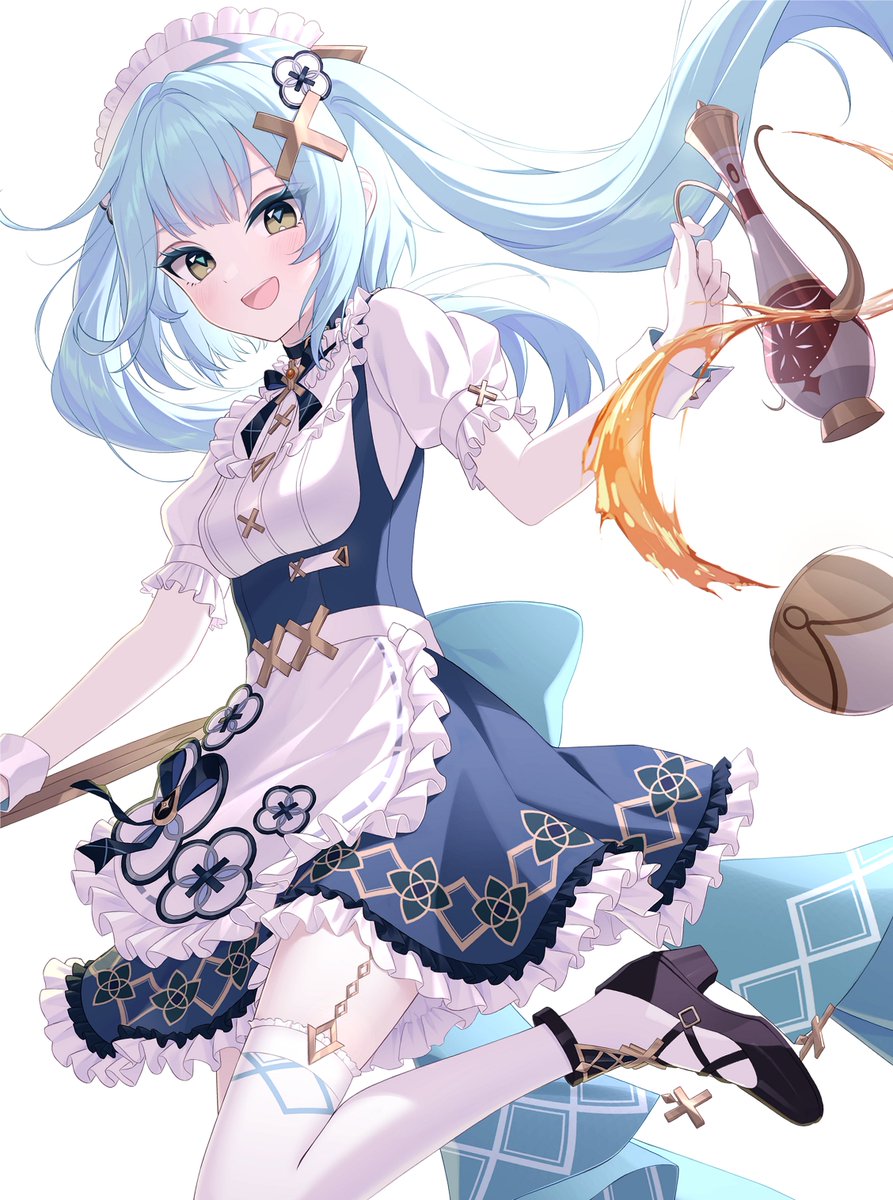 1girl :d alternate_costume apron black_footwear blue_hair blue_skirt blush breasts collared_shirt cup dot_nose enmaided faruzan_(cafe)_(genshin_impact) faruzan_(genshin_impact) floating_hair foot_out_of_frame frilled_apron frilled_shirt frilled_skirt frills from_side genshin_impact green_eyes highres holding holding_teapot long_bangs long_hair looking_at_viewer maid maid_headdress neneko_sleep open_mouth petticoat puffy_short_sleeves puffy_sleeves shirt shoes short_sleeves sidelocks simple_background skirt small_breasts smile solo suspender_skirt suspenders teacup teapot teeth thigh-highs triangle-shaped_pupils twintails upper_teeth_only waist_apron white_apron white_background white_shirt white_thighhighs white_wrist_cuffs wrist_cuffs