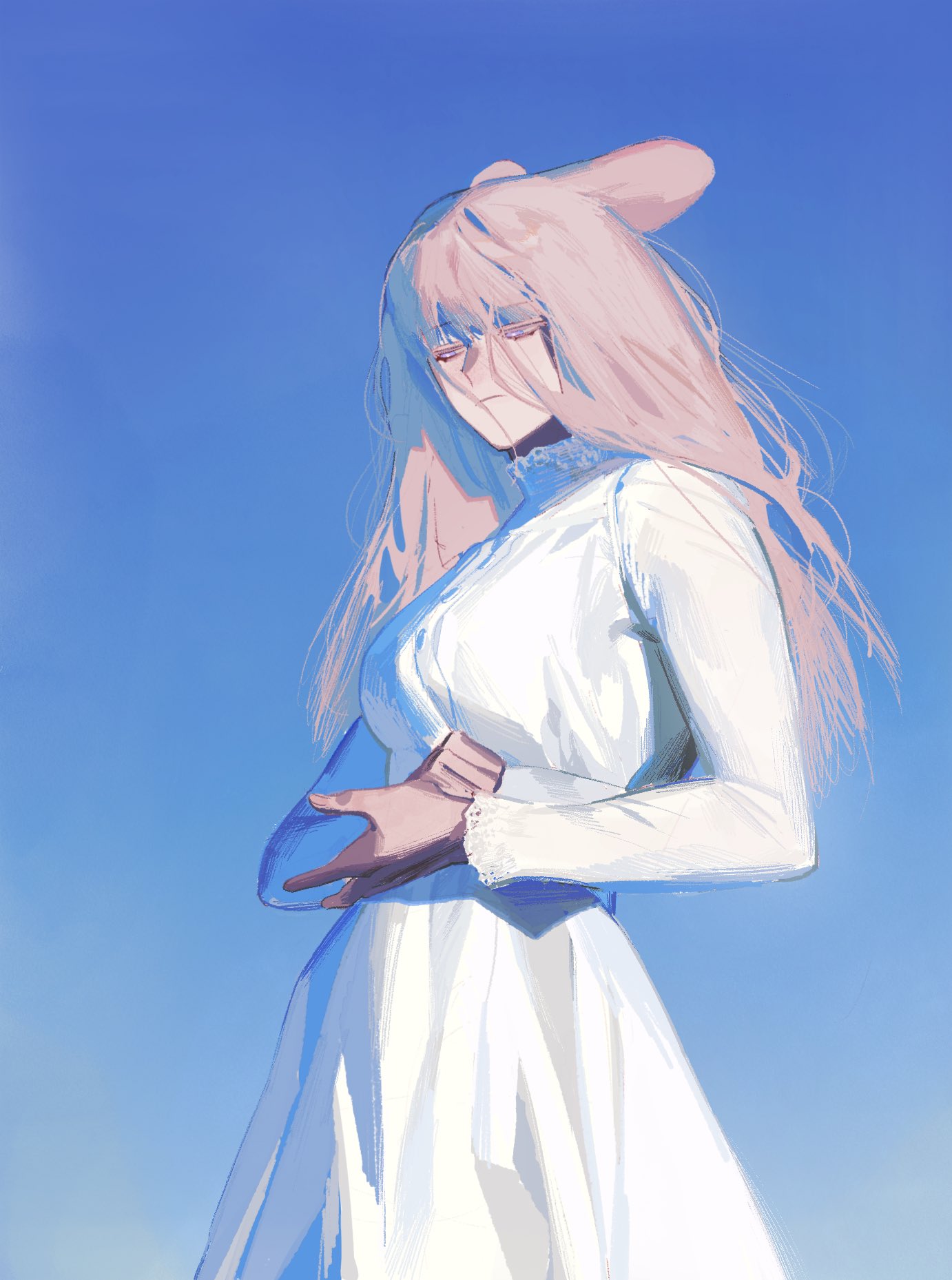 1girl animal_ears blue_background blue_sky bright_pupils closed_mouth colored_eyelashes dress gradient_background hands_up highres korean_commentary long_hair long_sleeves original outdoors pink_hair rabbit_ears rabbit_girl sasi_mozzi1 sky solo standing upper_body violet_eyes white_dress white_pupils