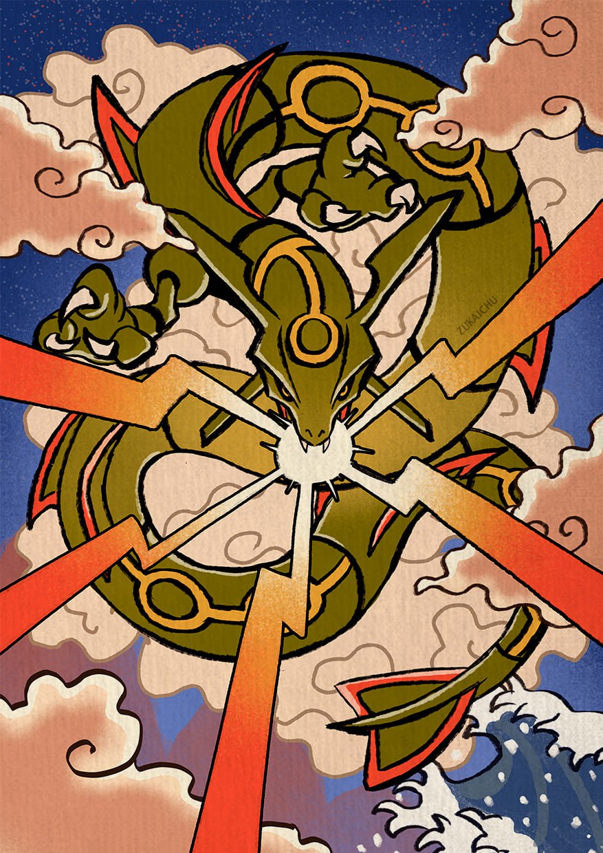 black_sclera blue_sky breath_weapon casting_spell claws clouds colored_sclera colored_skin commentary english_commentary fangs green_skin highres horns joints no_humans pokemon pokemon_(creature) rayquaza sky tail waves yellow_eyes zukaichu