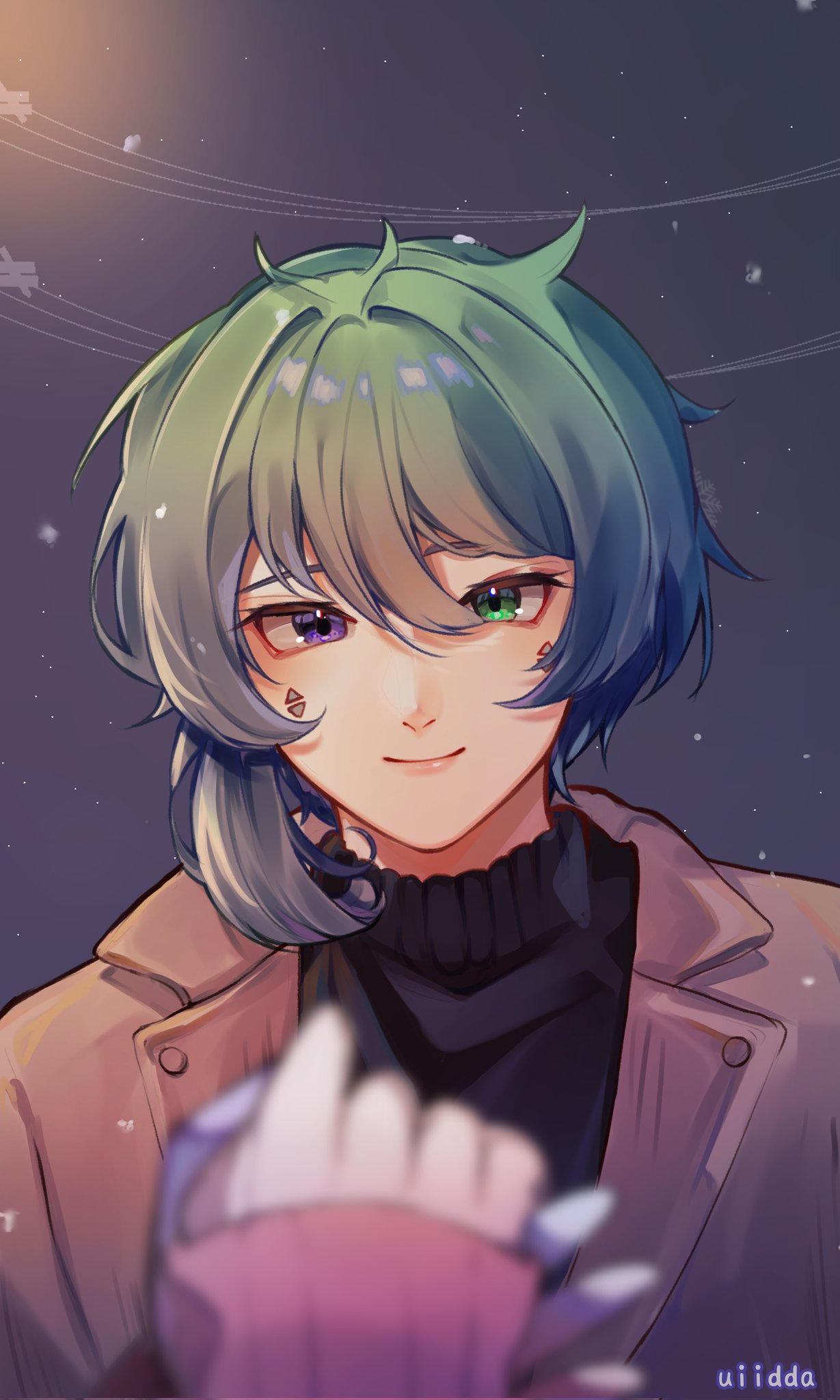 1boy 1other artist_name bishounen blurry brown_jacket commentary_request depth_of_field eyebrows_hidden_by_hair facial_hair green_eyes green_hair hand_grab heterochromia highres indonesian_commentary jacket male_focus original portrait pov pov_hands smile turtleneck uiidda violet_eyes