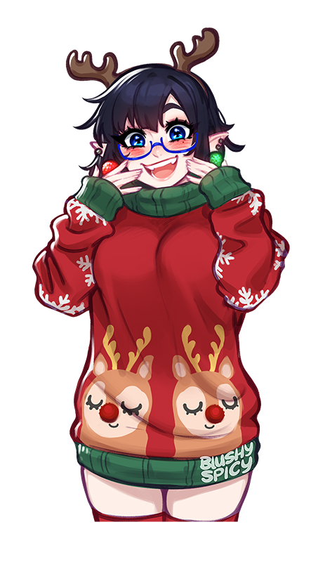 1girl :d antlers blue-framed_eyewear blush blushyspicy breasts christmas_sweater cowboy_shot earrings fake_antlers fangs hands_up happy horns jewelry large_breasts mole mole_under_eye original pointy_ears red_sweater reindeer_print simple_background smile sweater thigh-highs tongue vampire vivian_seong_(blushyspicy) zettai_ryouiki