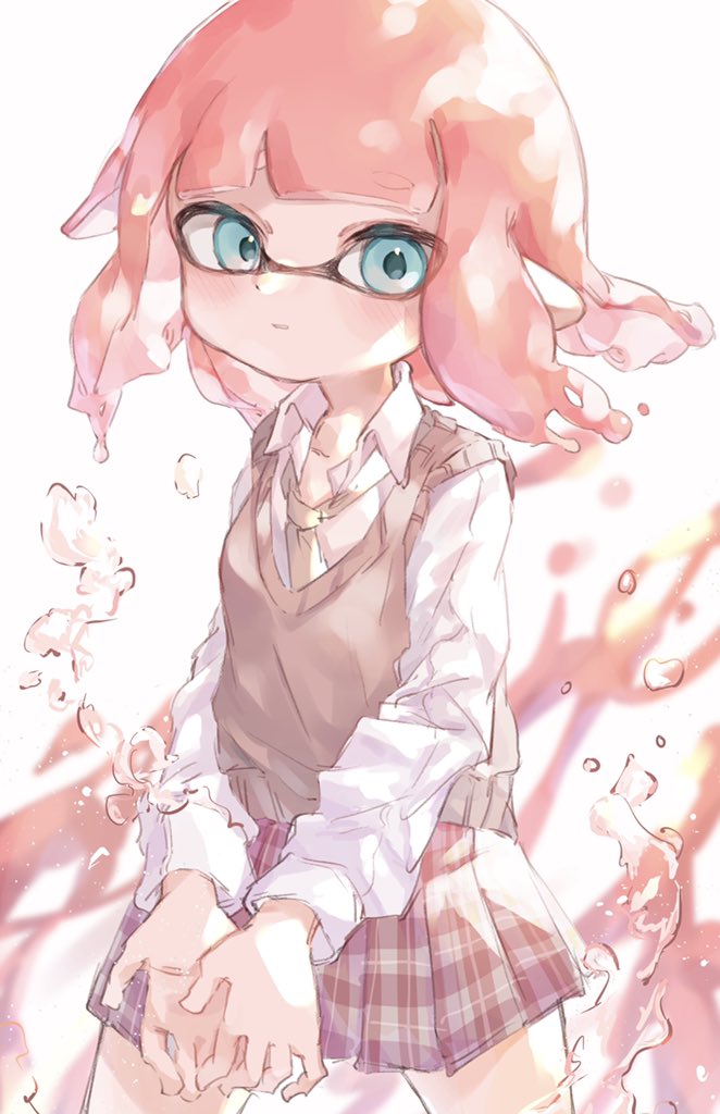 1girl blue_eyes bubble closed_mouth commentary_request inkling_girl inkling_player_character looking_at_viewer medium_hair pink_hair plaid plaid_skirt pointy_ears skirt solo splatoon_(series) standing tentacle_hair white_background white_sleeves yksb_inc6