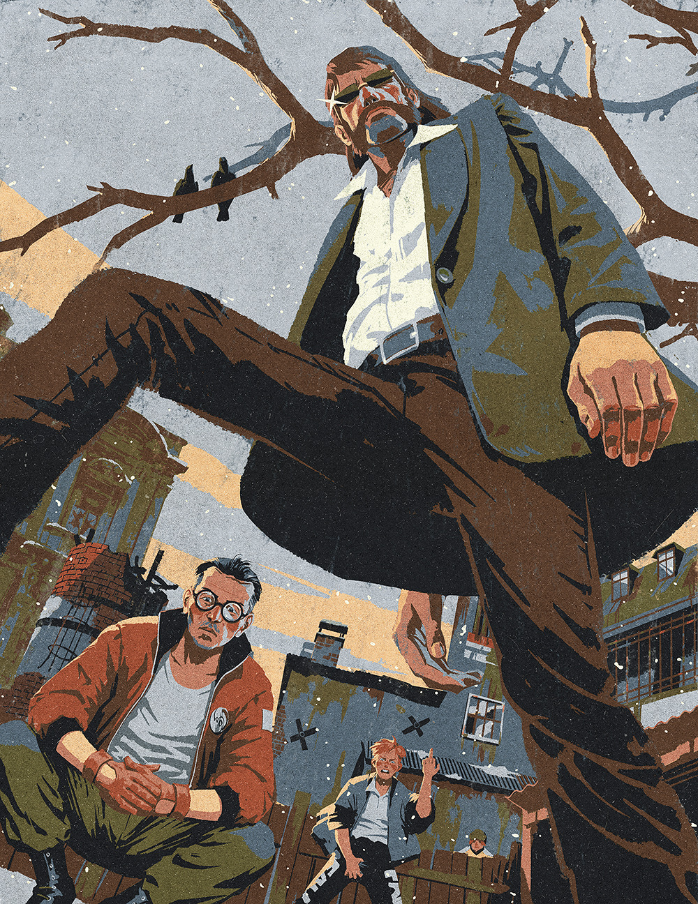 1girl 3boys beard black_hair bomber_jacket brown_hair crotch_grab cuno cunoesse_vittulainen disco_elysium facial_hair feet_out_of_frame from_above glasses harry_du_bois highres jacket kim_kitsuragi mature_male middle_finger multiple_boys mutton_chops outdoors perspective reptileenclosed short_hair squatting sunglasses thick_beard tree