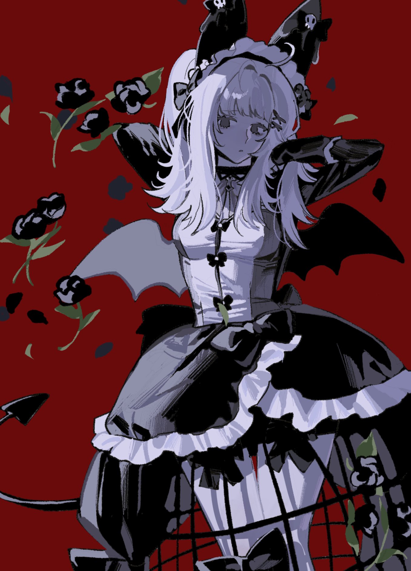 1girl animal_ears arm_behind_head black_bow black_dress black_wings bow closed_mouth colored_eyelashes colored_skin cowboy_shot crinoline demon_girl demon_tail demon_wings dress flower frilled_dress frills grey_bow grey_eyes grey_hair grey_skin hair_bow hands_up highres korean_commentary long_hair long_sleeves looking_at_viewer maid maid_headdress one_side_up original petals red_background red_flower red_rose rose sasi_mozzi1 simple_background solo standing tail wings