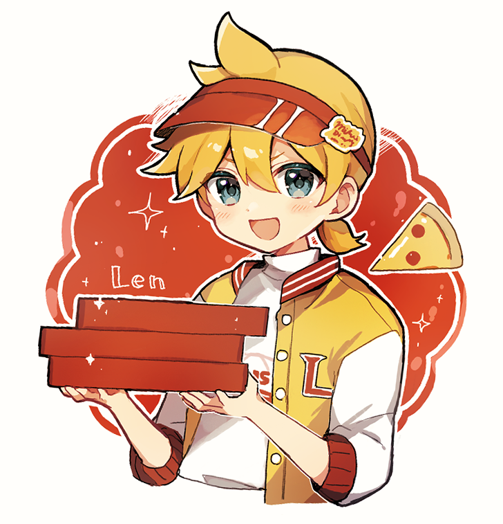 1boy blonde_hair blue_eyes box character_name food food_delivery_box hair_between_eyes holding holding_box jacket kagamine_len light_blush looking_at_viewer male_focus messy_hair open_mouth orange_background pizza pizza_box pizza_delivery red_headwear sabako_akikan shirt short_ponytail smile solo sparkle upper_body visor_cap vocaloid white_background white_shirt white_sleeves yellow_jacket