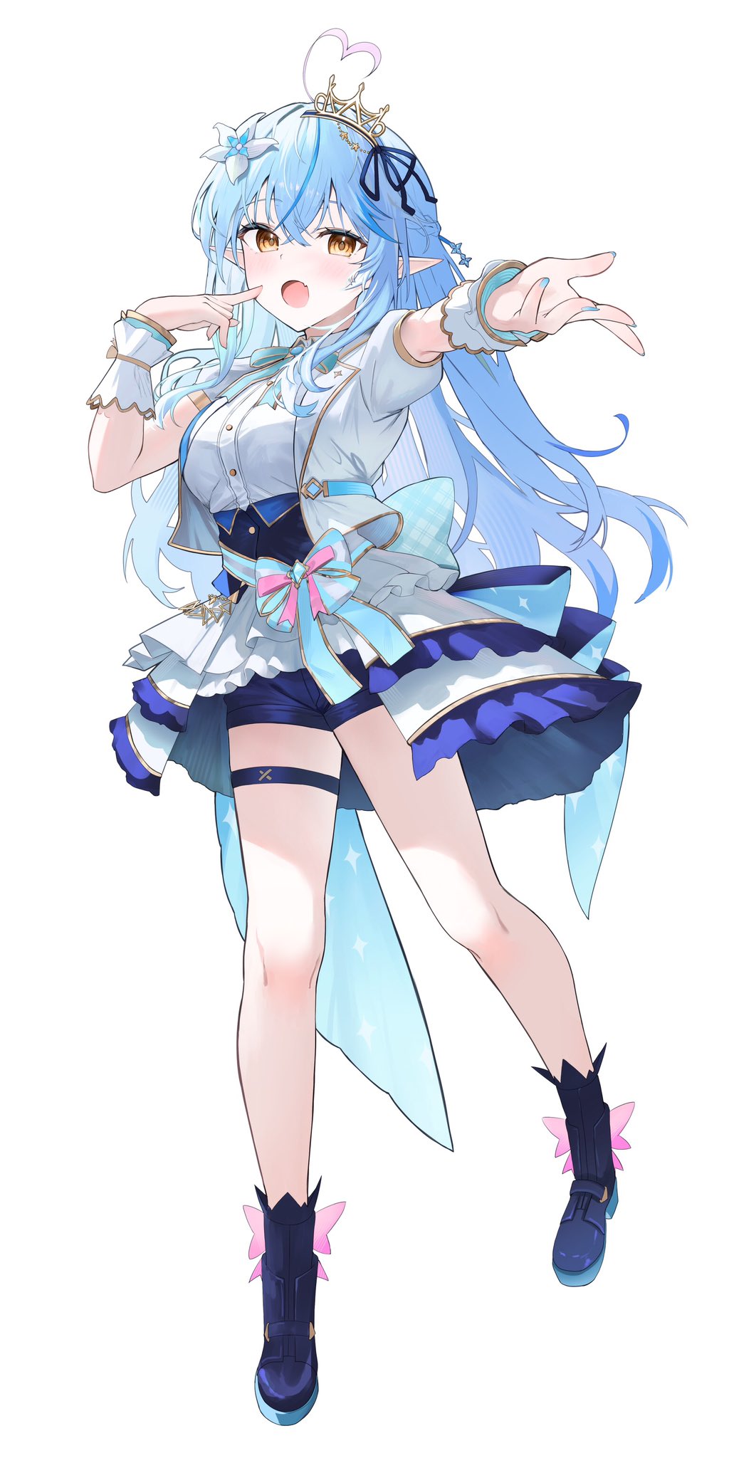 1girl ahoge aki_uzuki3 ankle_boots aqua_bow aqua_bowtie aqua_hair aqua_nails aqua_sash aqua_wrist_cuffs blue_corset blue_footwear blue_hair blue_ribbon blue_shorts blue_skirt boots bow bow_skirt bowtie breasts brooch collared_shirt colored_tips corset crown double-parted_bangs dress_shirt elf fang finger_to_own_chin flower frilled_skirt frills full_body glowstick gold_trim hair_between_eyes hair_flower hair_ornament hair_ribbon half-skirt heart heart_ahoge high_heel_boots high_heels highres hololive hololive_idol_uniform_(bright) idol idol_clothes jacket jewelry large_bow large_breasts layered_skirt long_hair mini_crown multicolored_hair open_clothes open_jacket open_mouth overskirt pink_bow pointy_ears puffy_short_sleeves puffy_sleeves reaching ribbon sash_bow shirt short_sleeves shorts simple_background skin_fang skirt solo streaked_hair striped_sash two-sided_fabric two-sided_skirt virtual_youtuber white_background white_jacket white_shirt white_skirt white_wrist_cuffs wrist_cuffs yellow_eyes yukihana_lamy