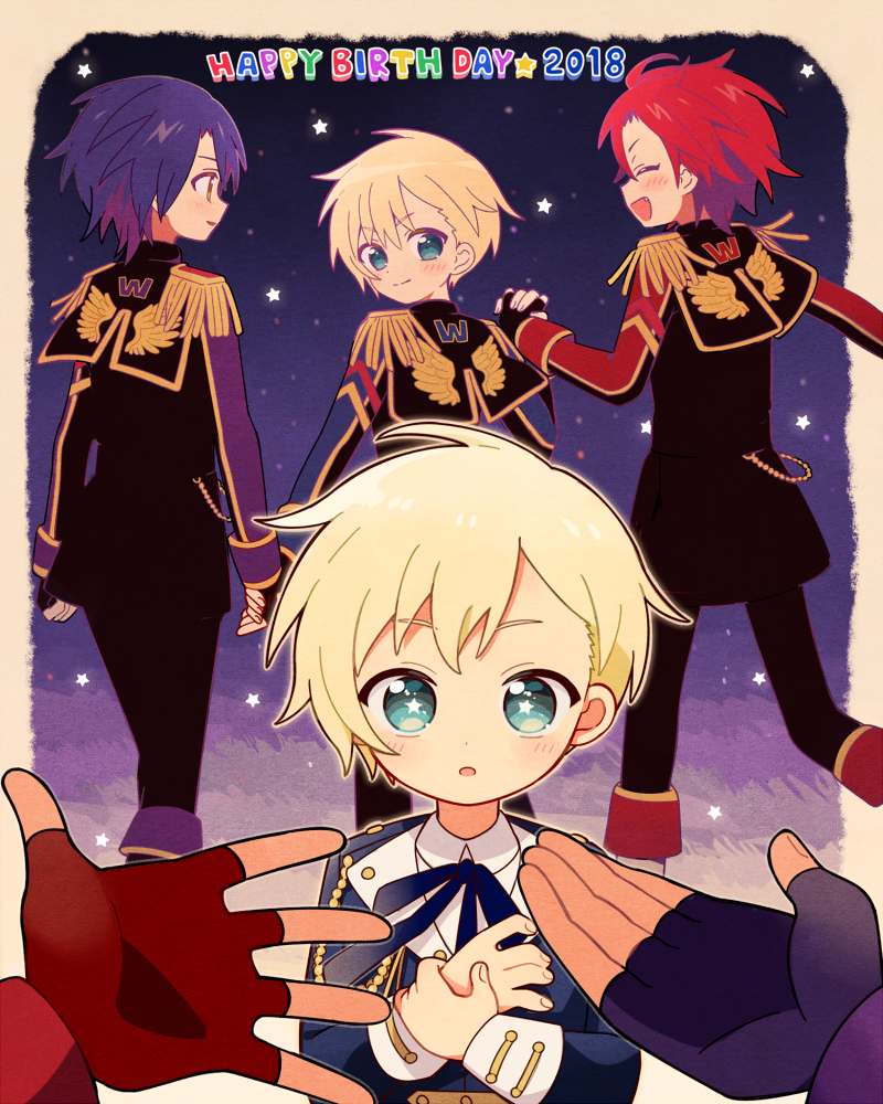 3boys 5.5 aged_down before_and_after black_jacket black_pants blonde_hair blue_eyes blue_jacket blue_ribbon closed_eyes closed_mouth collared_shirt commentary_request epaulettes fingerless_gloves full_body gloves hand_on_own_arm happy_birthday holding_own_wrist idol_clothes idol_time_pripara jacket long_sleeves looking_back male_focus mitaka_asahi multiple_boys multiple_views neck_ribbon open_mouth out_of_frame pants pretty_series pripara purple_gloves purple_hair reaching_towards_another red_gloves redhead ribbon shirt short_hair smile standing star-shaped_pupils star_(symbol) symbol-shaped_pupils takase_koyoi walking white_shirt yumekawa_shogo
