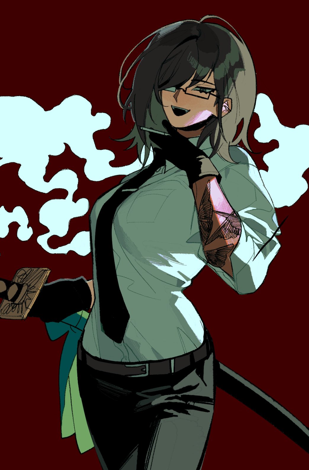 1girl arm_tattoo black_gloves black_necktie black_pants butterfly_tattoo cigarette collared_shirt cowboy_shot ear_piercing glasses gloves grey_eyes grey_hair hand_up highres holding holding_cigarette holding_sword holding_weapon katana korean_commentary looking_at_viewer medium_hair necktie open_mouth original pants piercing red_background sasi_mozzi1 semi-rimless_eyewear sheath sheathed shirt simple_background smoke_trail solo standing sword tattoo weapon