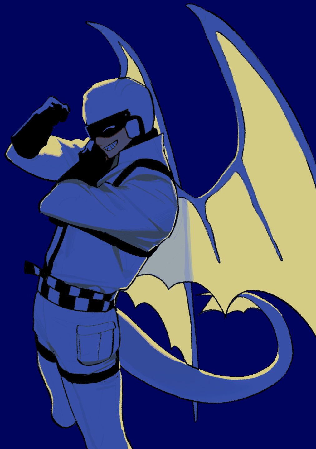 1boy black_gloves blue_background blue_headwear blue_jumpsuit chest_harness closed_eyes collared_jumpsuit cropped_legs dragon_boy dragon_tail dragon_wings facing_viewer fangs gloves grin harness helmet highres jumpsuit korean_commentary long_sleeves male_focus original sasi_mozzi1 smile solo standing tail thigh_strap wings